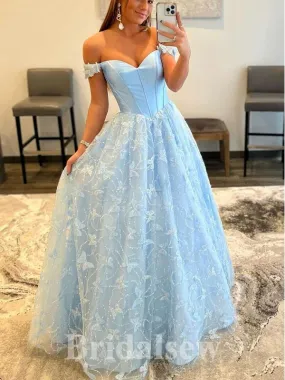 A-line Blue Off Shoulder Fashion Elegant Stylish Evening Long Prom Dresses PD1123