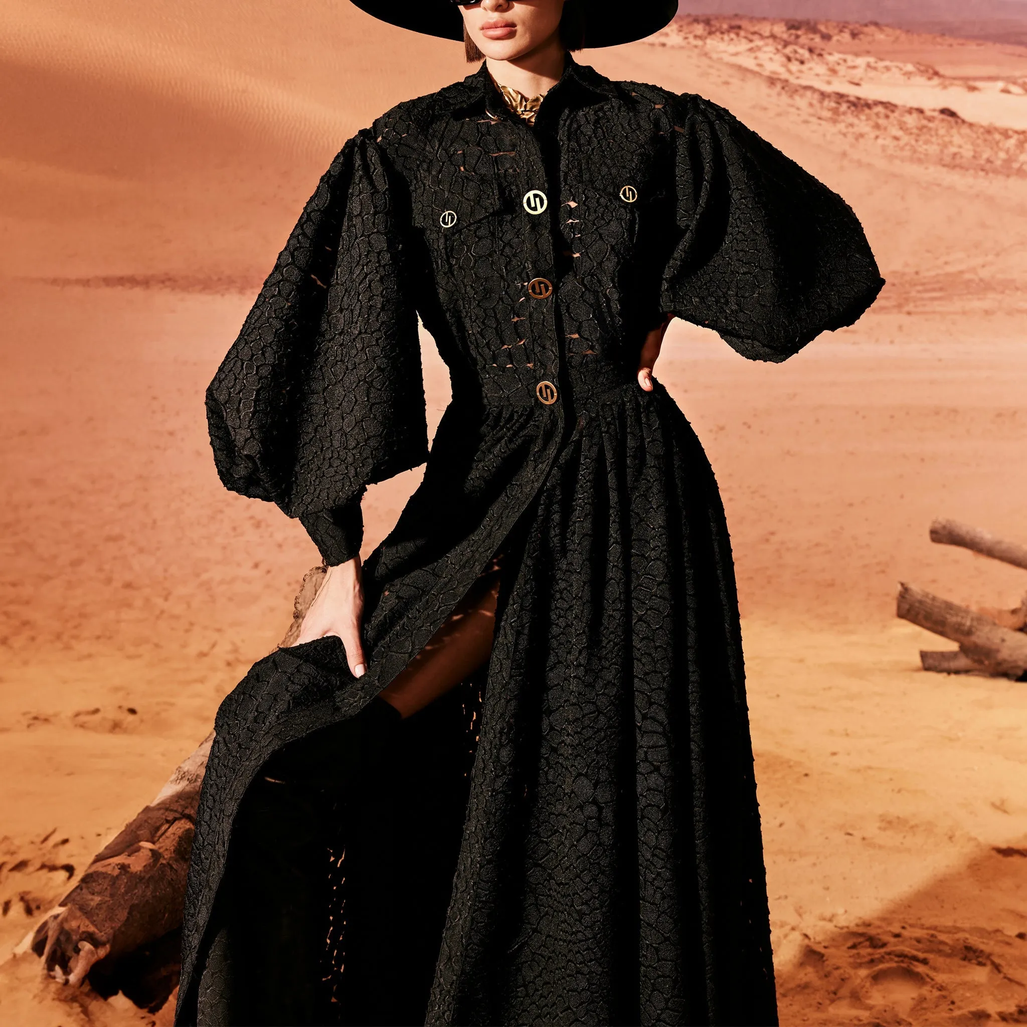 Black Less Shirt-Dress With Puffy Sleeves