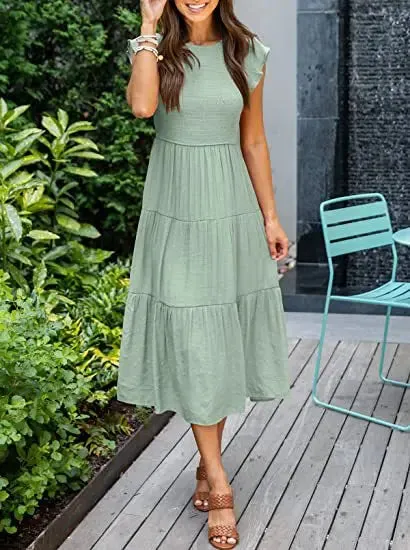 Flying Pleated Layering Solid Swing Trending Loose Midi Dresses