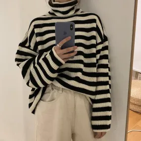 Knit High Collar Pullover with Stripes