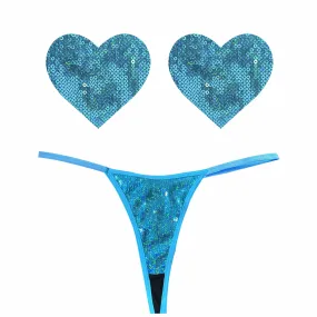 Mahi Mahi Blue Sequin Sparkle Pastie and Pantie Lingerie Set