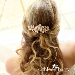 Nadine Floral leaf hair comb crystal & pearl - Rose gold, gold or silver - 7 pearl colors