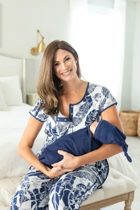 Serra Maternity Nursing Pajamas & Solid Navy Baby Swaddle Blanket Set