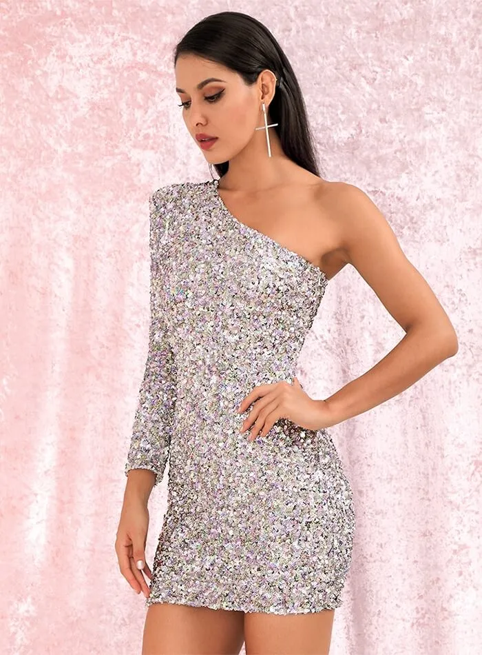 Silver Stars Sparkly Sequin Mini Party Dress